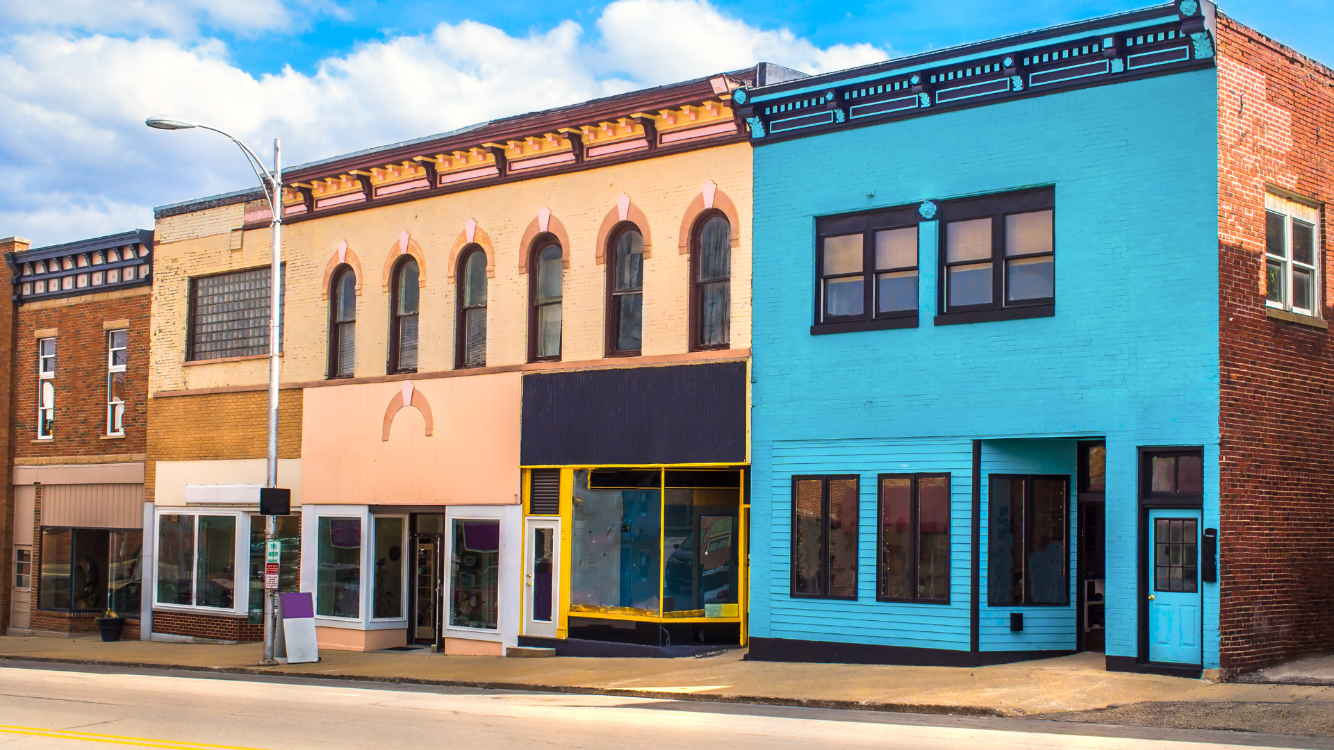 An image of new store fronts in a small town in Ontario