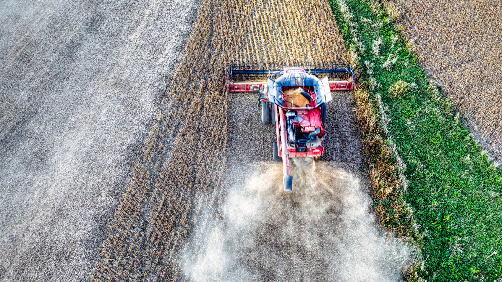 An overhead view of farm equipment working in the field in Durham Region